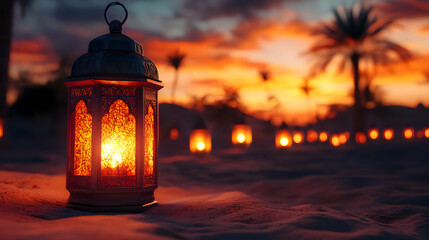 Ornate Lantern Glowing in Desert Sunset 3D Illustration