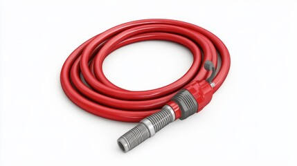 A coiled red gardening hose with a metallic nozzle neatly arranged on a white background showcasing durability and flexibility ideal for gardening tools imagery.. Generative AI
