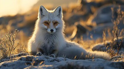Arctic Fox in Golden Hour Sunrise - Realistic Wildlife Illustration