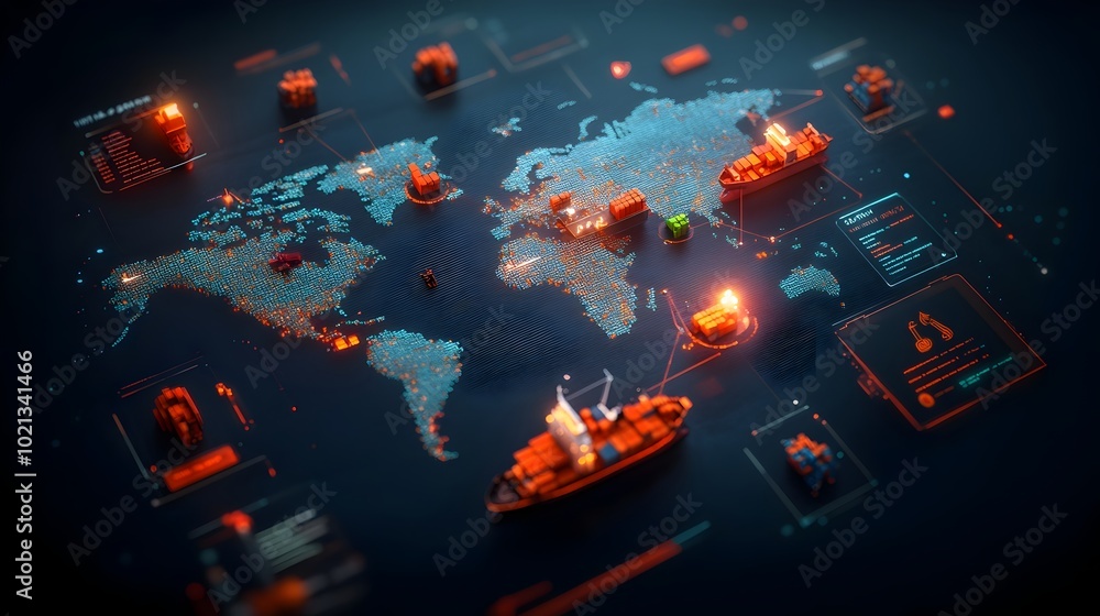 Poster futuristic supply chain logistics with advanced algorithms analyzing real time global trade data int