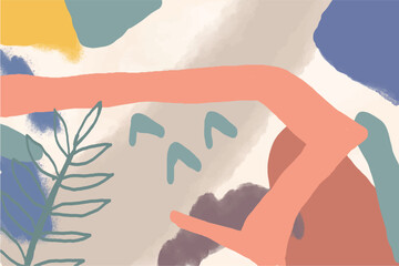Abstract art banner featuring watercolor leaves branches combined with hand-drawn doodle scribble floral plants.
