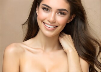 Fototapeta premium A young woman with long hair smiles warmly while touching her neck in a simple, neutral-toned setting during daylight. Generative AI