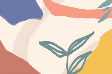 Abstract art banner featuring watercolor leaves branches combined with hand-drawn doodle scribble floral plants.
