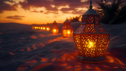Intricate Ornamental Lanterns in Desert Landscape - 3D Illustration