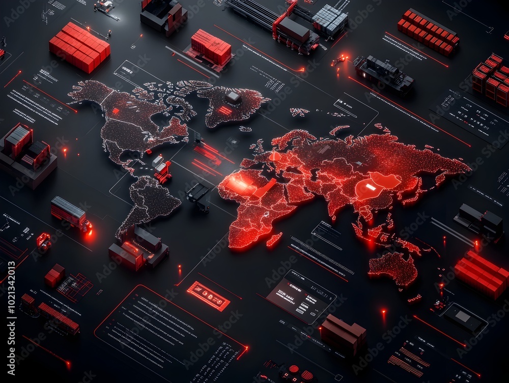 Poster futuristic ai driven global supply chain visualization showcasing a dynamic holographic world map th