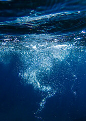 Air bubbles underwater rising to water surface, natural scene, bubbles under water, bubble...