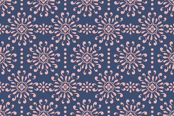 Pink Boho seamless pattern on blue background 