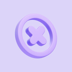 Purple cross enclosed in a circular frame, representing cancelation, error, or a close action in a digital interface. 3D icon, sign and symbol. 3D render illustration