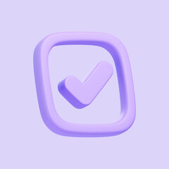 Purple 3D checkmark inside a square frame on a light purple background, symbolizing approval, confirmation, or completion. 3D icon, sign and symbol. 3D render illustration