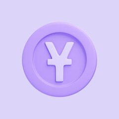 Japanese yen currency symbol in pastel purple, placed within a circular design on a matching background. 3D icon, sign and symbol. 3D render illustration