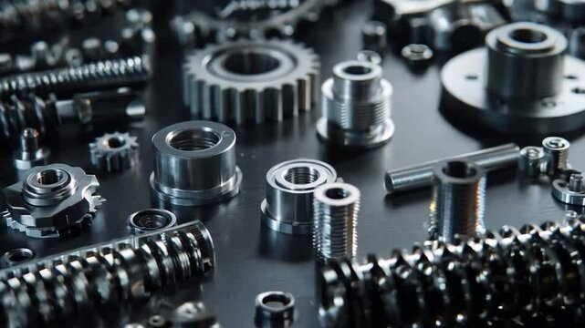 Close-up of Various Industrial Metal Components and Fasteners on a Dark Surface