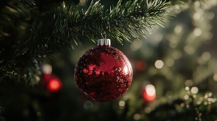 Closeup of red bauble hanging from Christmas tree