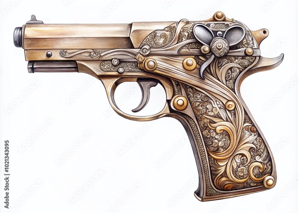Poster detailed sketch of a pistol illustrating intricate design elements and realistic features in drawing