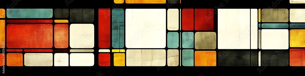 Poster a bright, abstract pattern of overlapping squares with a large text area