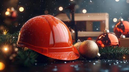 Construction hard hat and Christmas decorations. Christmas and New Year construction