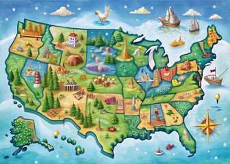 Detailed USA Map Featuring All 50 States with Borders, Major Cities, and Geographic Features Illustrated