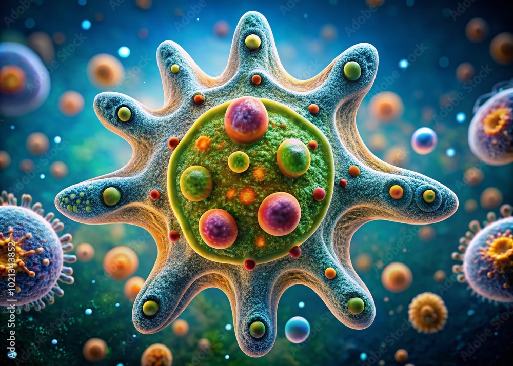 Poster detailed view of an amoeba under a 40x microscope magnification showing cellular structure and movem