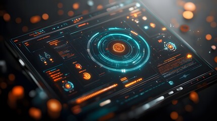 Obraz premium A visually stunning futuristic user interface featuring a sleek HUD and GUI design with detailed digital holographic displays minimalist chrome accents and an ethereal blue glow