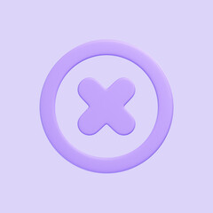 Obraz premium Purple cross enclosed in a circular frame, representing cancelation, error, or a close action in a digital interface. 3D icon, sign and symbol. 3D render illustration