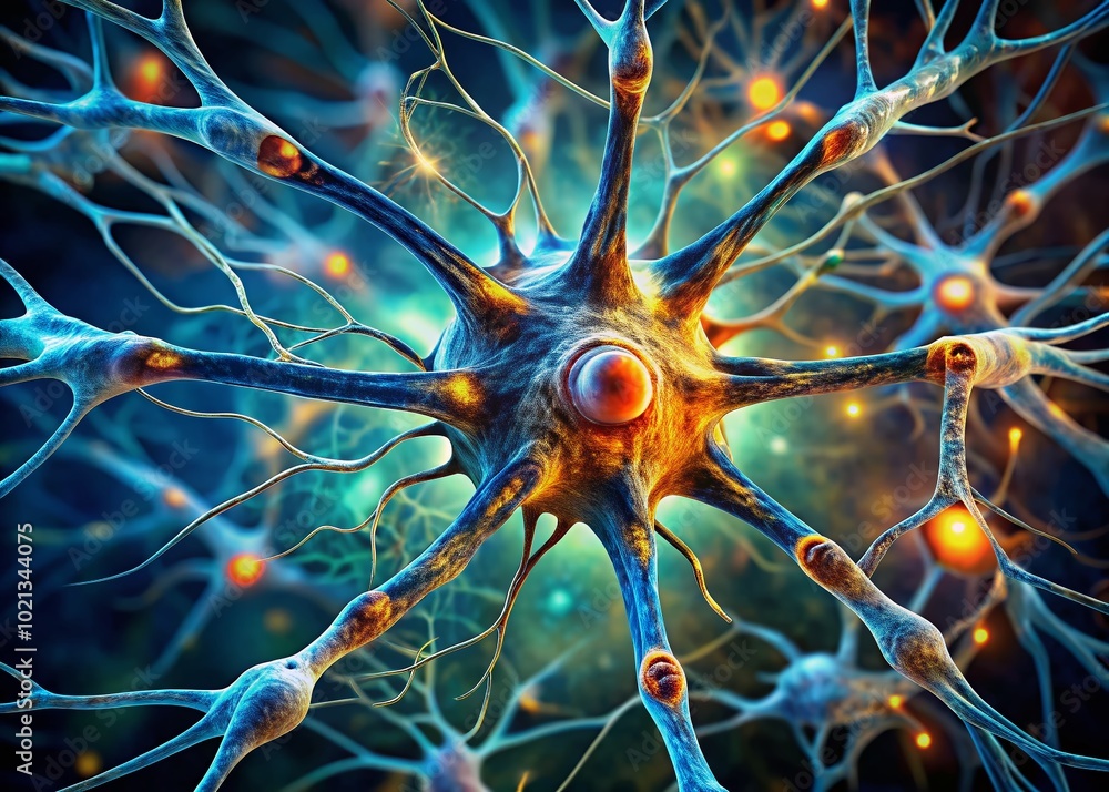 Poster detailed view of a neuron under a microscope showcasing intricate structures and connectivity patter