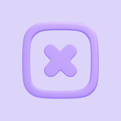 Obraz premium Purple X symbol inside a square frame on a light purple background, representing cancellation, rejection, or closure. 3D icon, sign and symbol. 3D render illustration