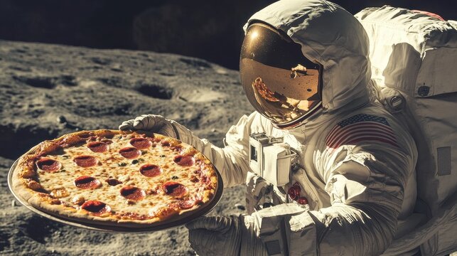 Astronaut delivers pizza on the moon during a whimsical lunar adventure in a playful homage to space exploration