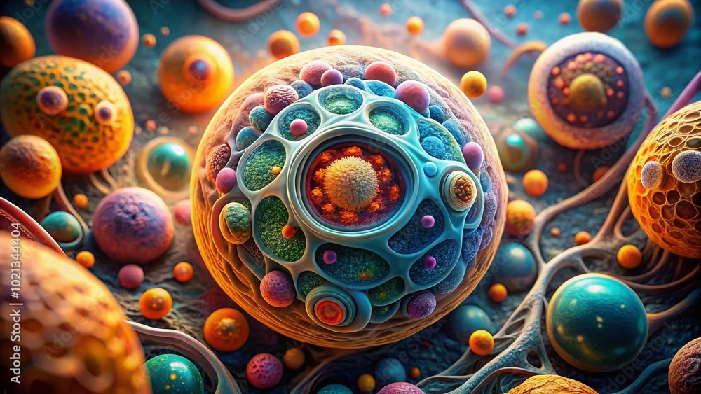 Poster detailed view of human cell under microscope showing intricate structures and cellular components