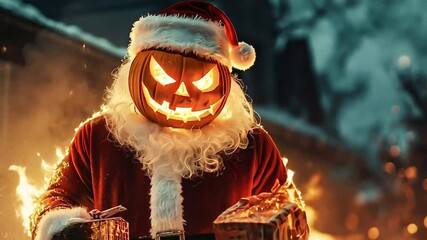 santa claus with a flaming jack-o-lantern head delivering christmas gifts holiday mashup