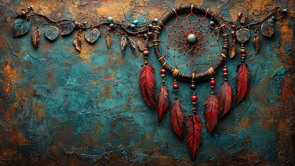 Fototapeta premium Boho Dreamcatcher Art: A Stunning Background and Wallpaper with Intricate Feathers and Beads for Unique Bohemian Wall Decor