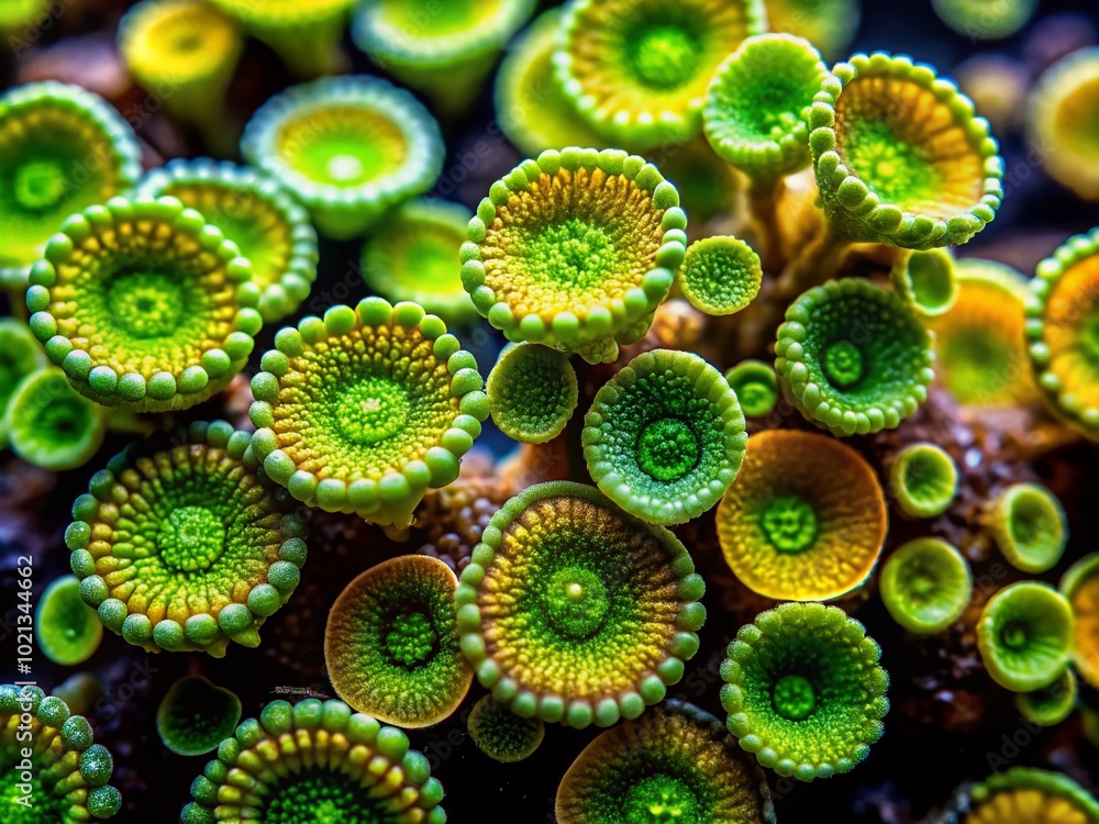Poster detailed view of liverworts under microscope showcasing unique structures and cellular features