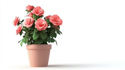 Potted rose plant with pink blooms in a terracotta pot decorative floral display for homes and gardens on a white background. Generative AI
