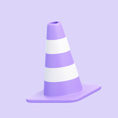A purple traffic cone with white stripes on a pastel purple background, showcasing a minimalist design and soft color palette. 3D icon, sign and symbol. 3D render illustration