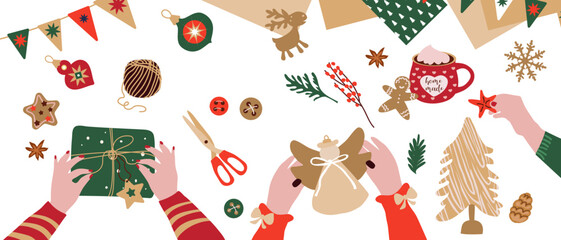 Christmas handmade. Female hands at work. Creating Christmas decorations and gifts.Flat style in vector illustration. Isolated