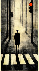 Moody illustration of a lone figure in a hat and coat standing at a crosswalk under a red traffic light in a foggy, urban setting