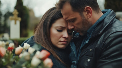 Obraz premium Couple grieving over the lost of a loved one. When someone you love dies. Pain of loosing a love one to death. Mourning the lost of love ones 