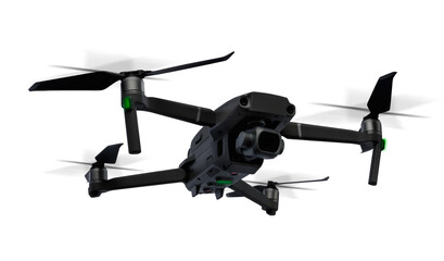 A black flying drone isolated on transparent background. Bottom view.