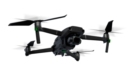 A black flying drone isolated on transparent background. Bottom view.