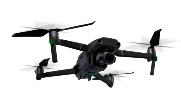 A black flying drone isolated on transparent background. Bottom view.