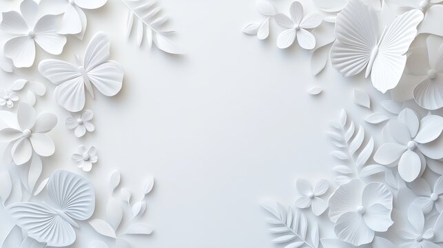 White paper cut flowers and butterflies frame with copy space.