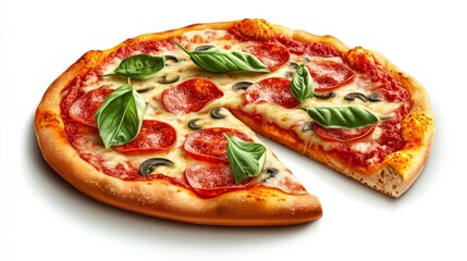 A mouthwatering slice of pepperoni pizza with basil leaves, melted cheese, and a golden crust, shown on a white background, ideal for food promotions, menus, or advertisements.