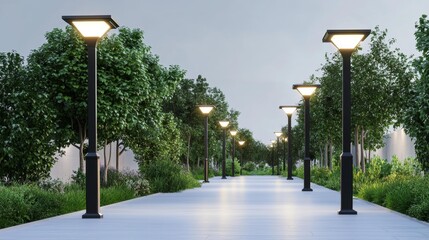 Fototapeta premium Outdoor Solar Garden Lights Along a Pathway Illuminating Trees and Greenery Ideal for Landscape and Nighttime Lighting Designs. Generative AI