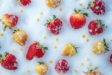 Yellow and red strawberries in the snow