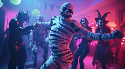 Fototapeta premium Halloween Costume Party: Old Skinny and Bandaged Mummy Dances. In the Background Zombie, Death, Witch and She Devil Have Fun in a Monster Party Decorated Room