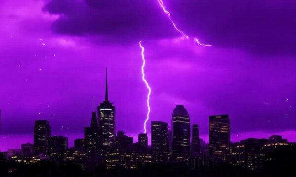 Thunderstorm at the city with purple lights