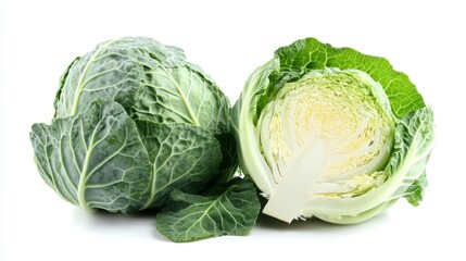 Two fresh cabbages one whole and one cut in half with vibrant green leaves isolated on a white background. Perfect for healthy food or nutrition-themed visuals.  . Generative AI