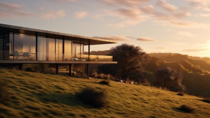 Obraz premium A sleek, glass-walled house stands on a grassy slope, illuminating the landscape with modern elegance and harmony with nature at twilight.