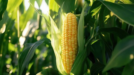 yellow corn cob with green leaves, field background