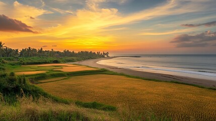 Obraz premium Tranquil afternoon scene: Orange hues paint the sky as the sun sets, casting a warm glow on the deserted beach and golden rice fields below. 