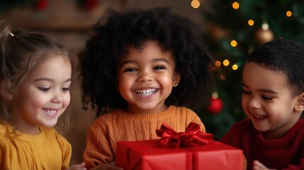 Children opening presents on Christmas morning, capturing the excitement and magic of the holiday season