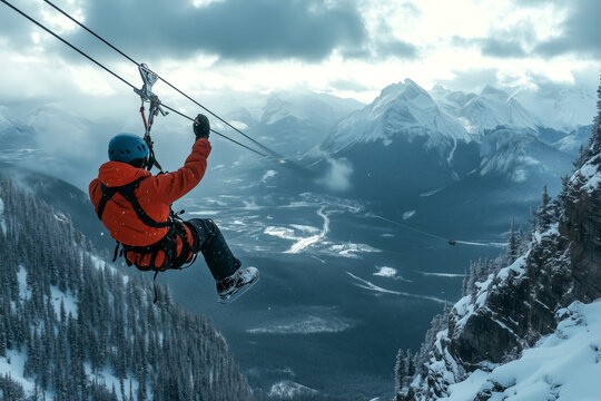 A dramatic zip-line ride over a snowy mountain range, with the rider bundled up in winter gear.